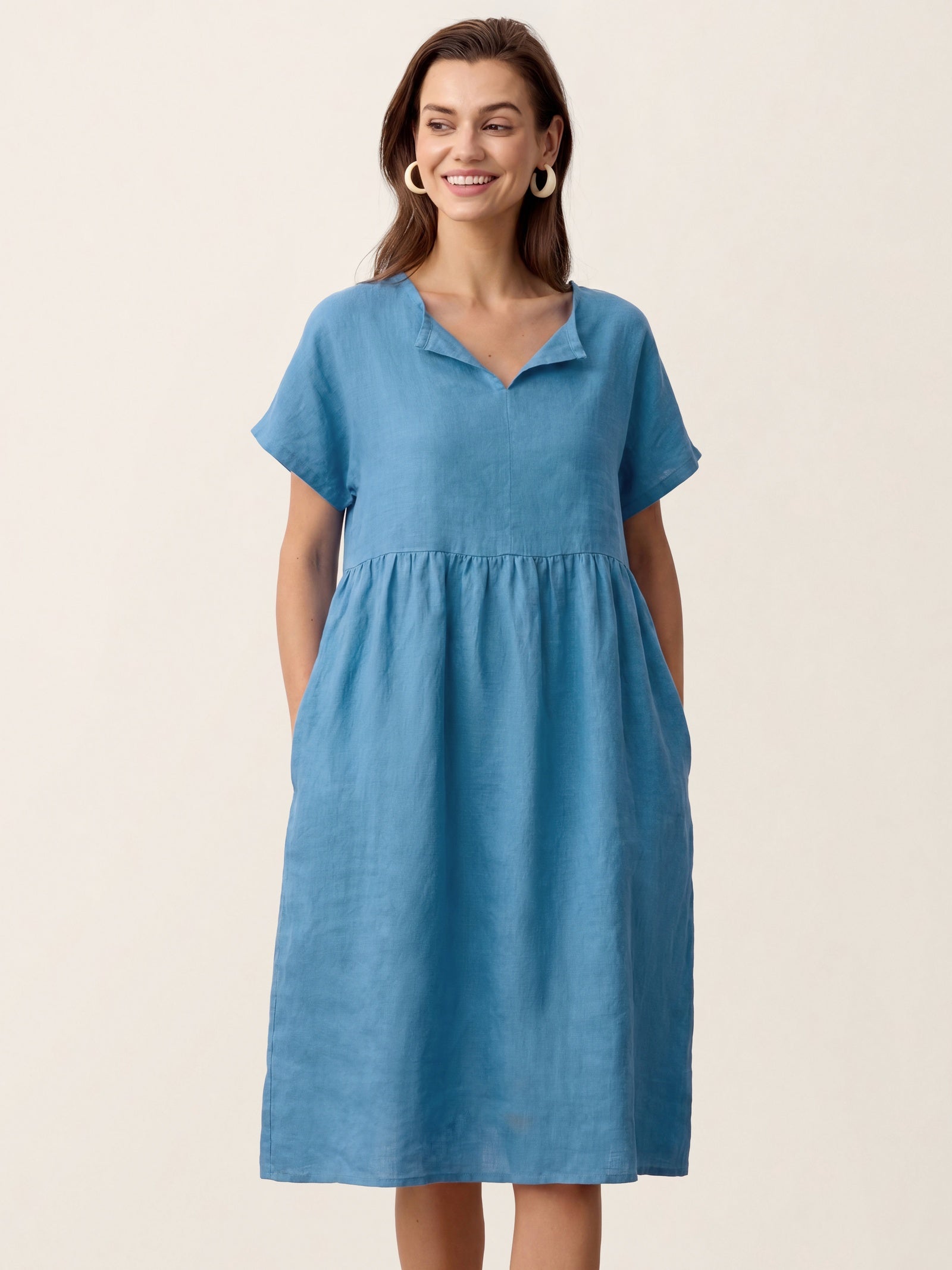 Linen Gathered-Hem Split-Neck Mini Dress SYDNEY by LINTICO