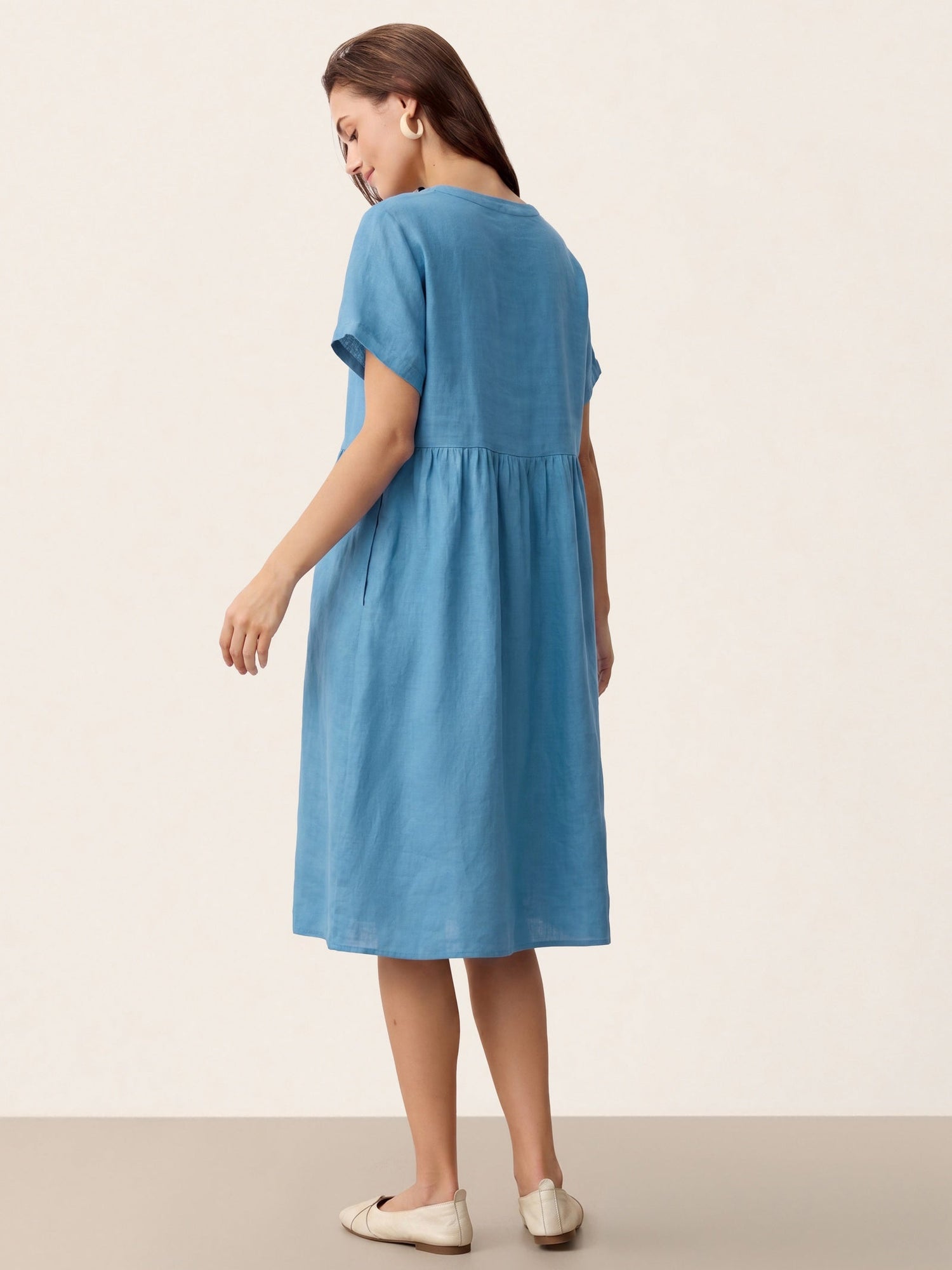 Linen Gathered-Hem Split-Neck Mini Dress SYDNEY by LINTICO