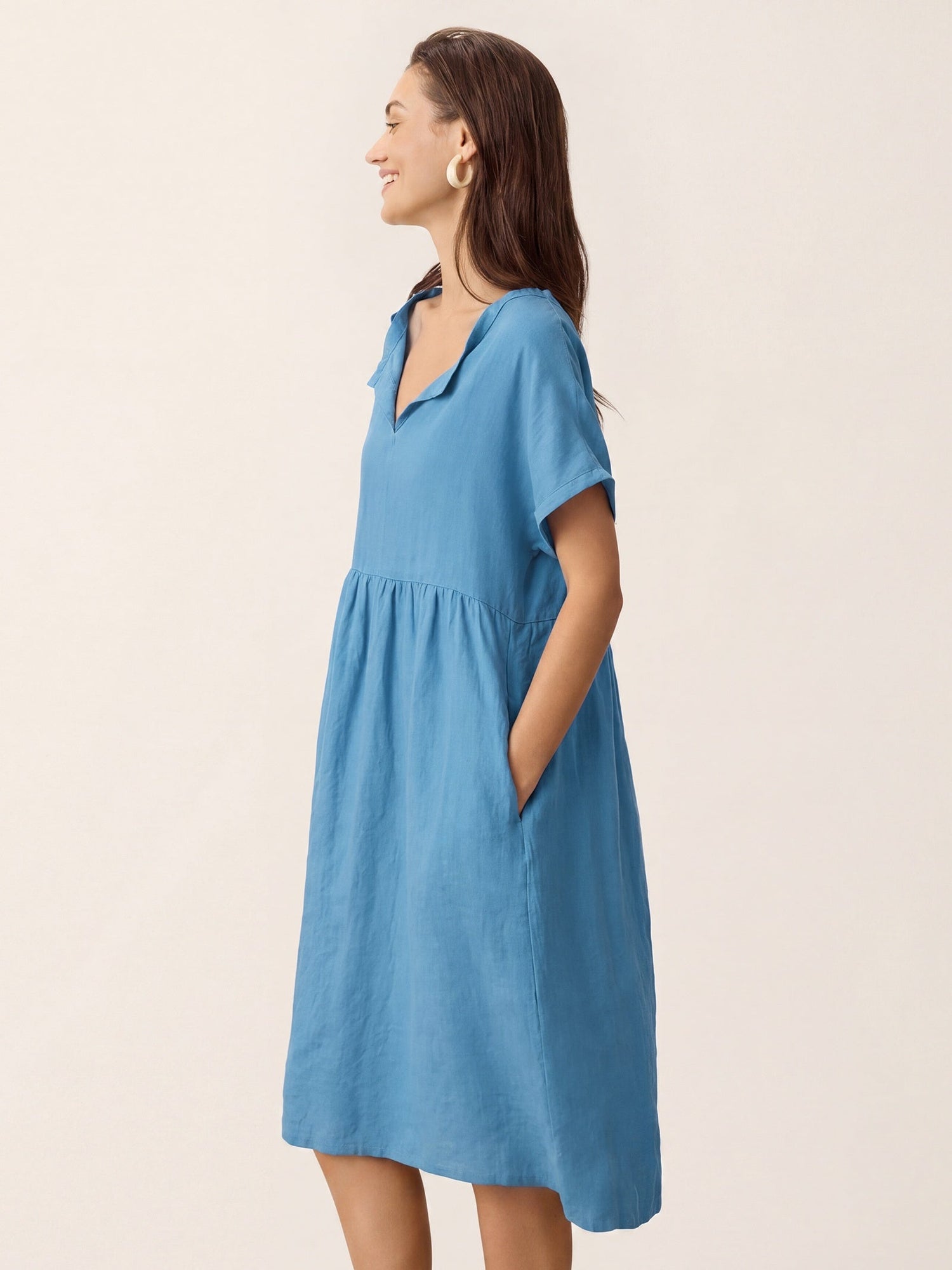 Linen Gathered-Hem Split-Neck Mini Dress SYDNEY by LINTICO