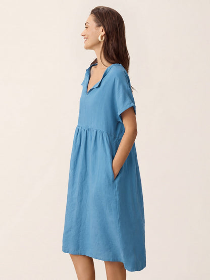 Linen Gathered-Hem Split-Neck Mini Dress SYDNEY by LINTICO