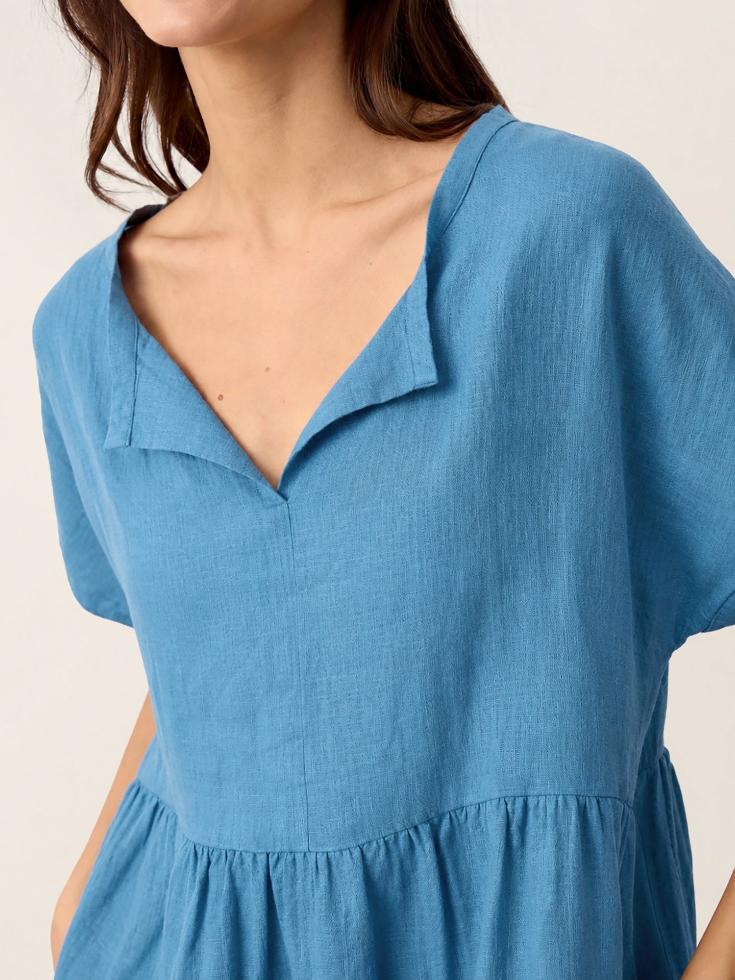 Linen Gathered-Hem Split-Neck Mini Dress SYDNEY by LINTICO