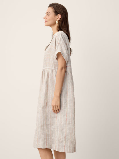 Linen Gathered-Hem Split-Neck Mini Dress SYDNEY by LINTICO