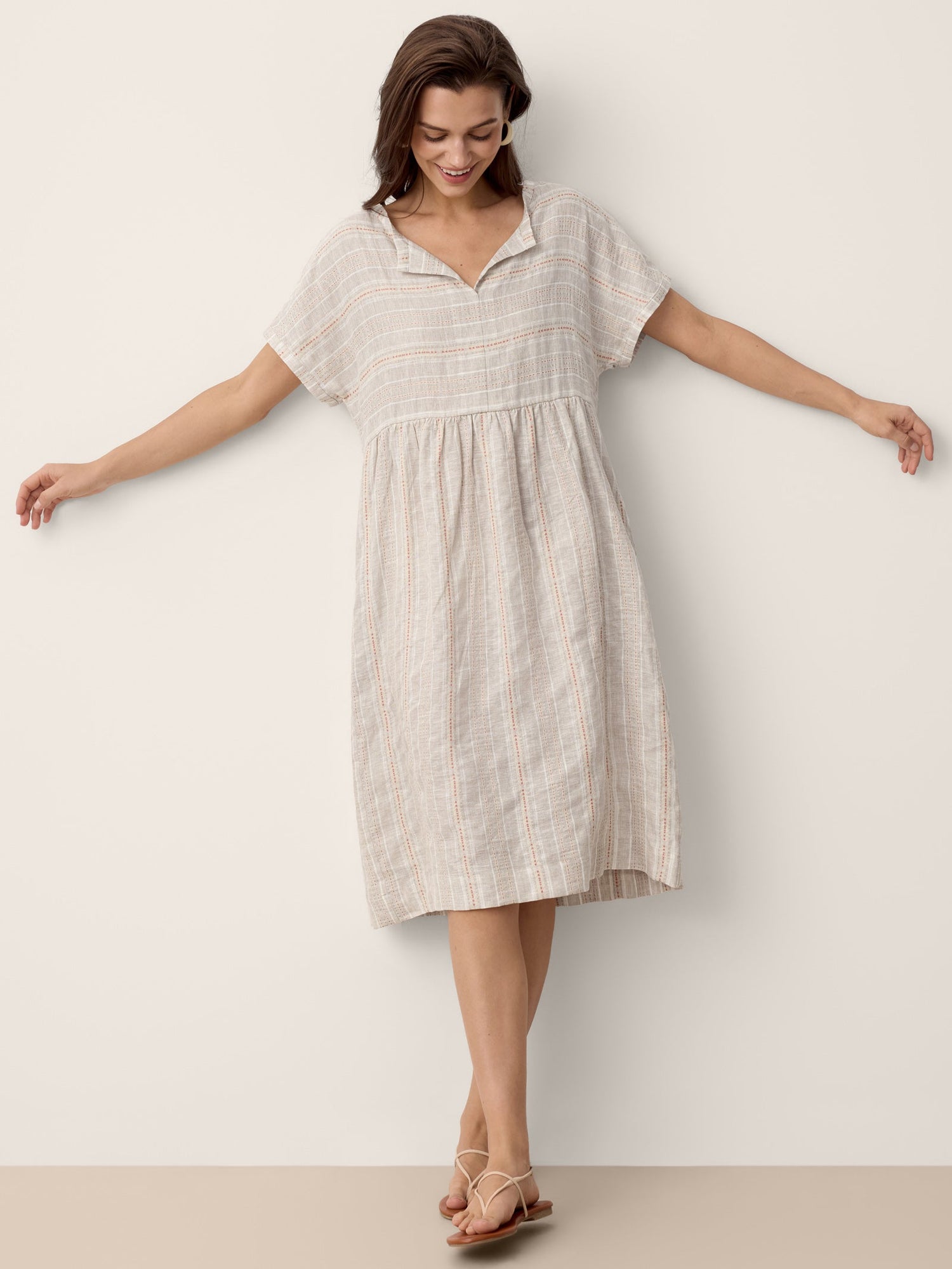 Linen Gathered-Hem Split-Neck Mini Dress SYDNEY by LINTICO