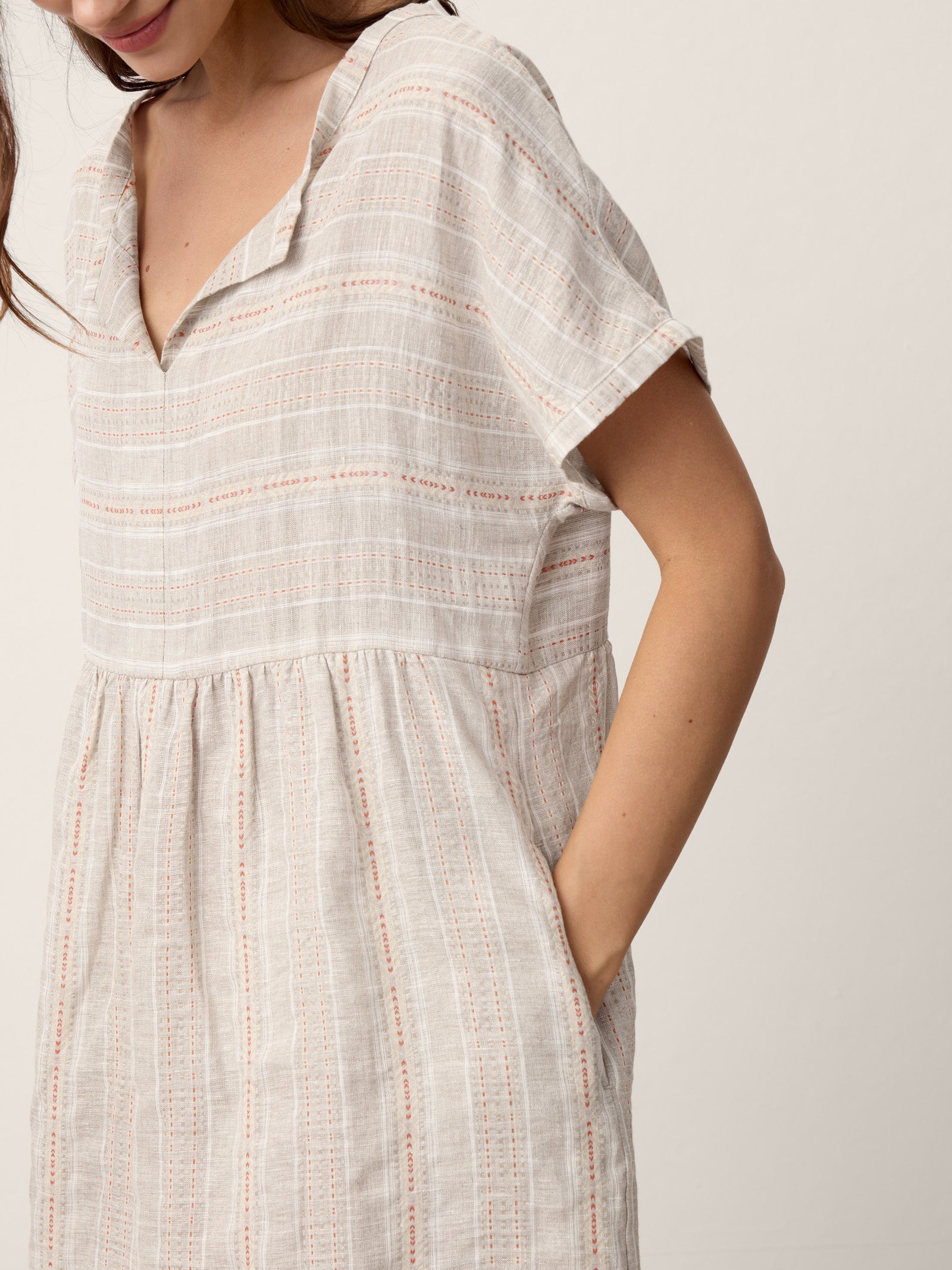 Linen Gathered-Hem Split-Neck Mini Dress SYDNEY by LINTICO