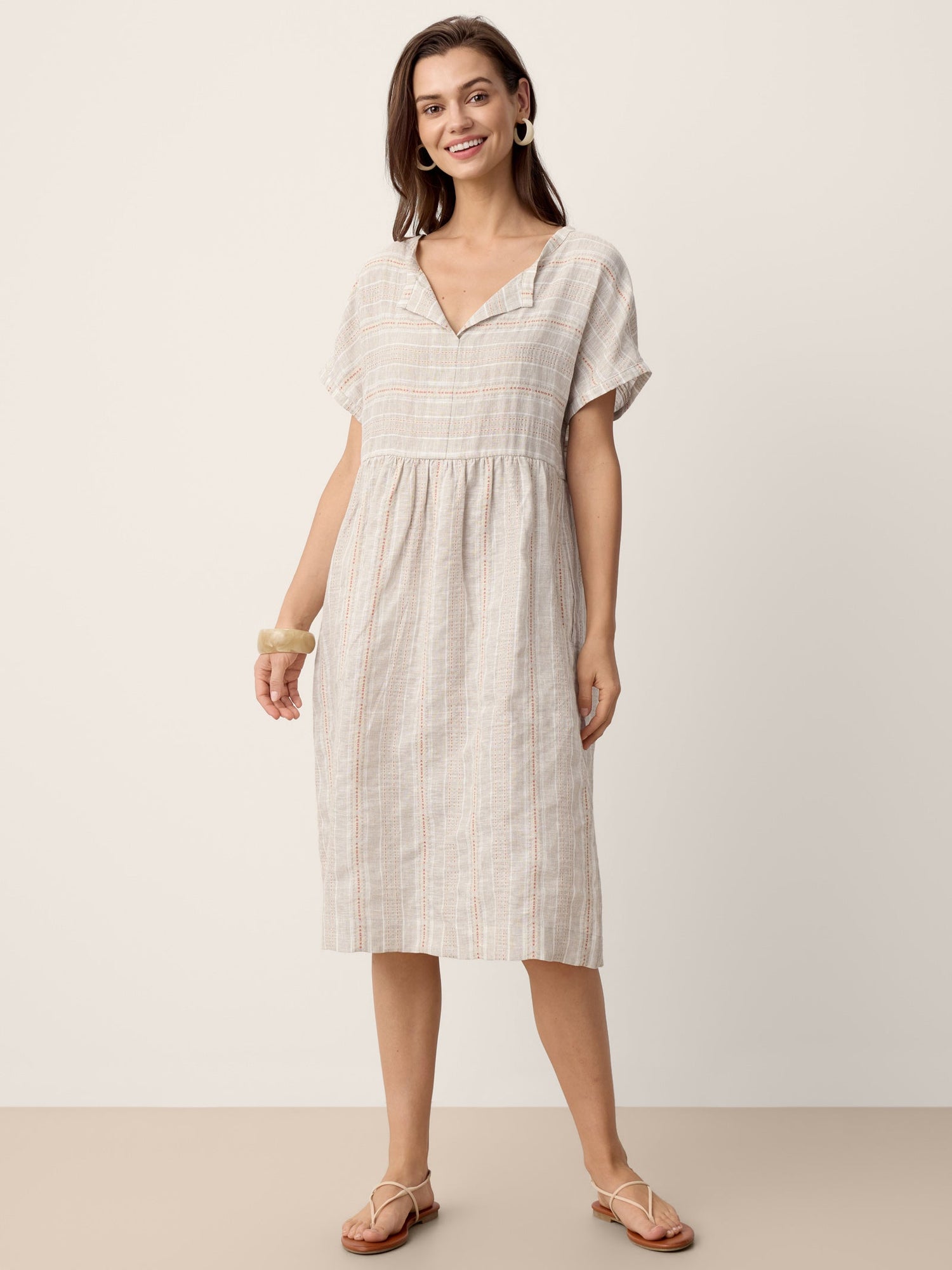 Linen Gathered-Hem Split-Neck Mini Dress SYDNEY by LINTICO