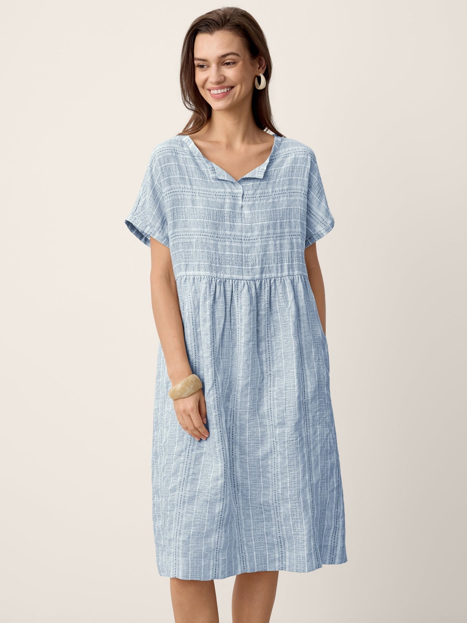 Linen Gathered-Hem Split-Neck Mini Dress SYDNEY by LINTICO