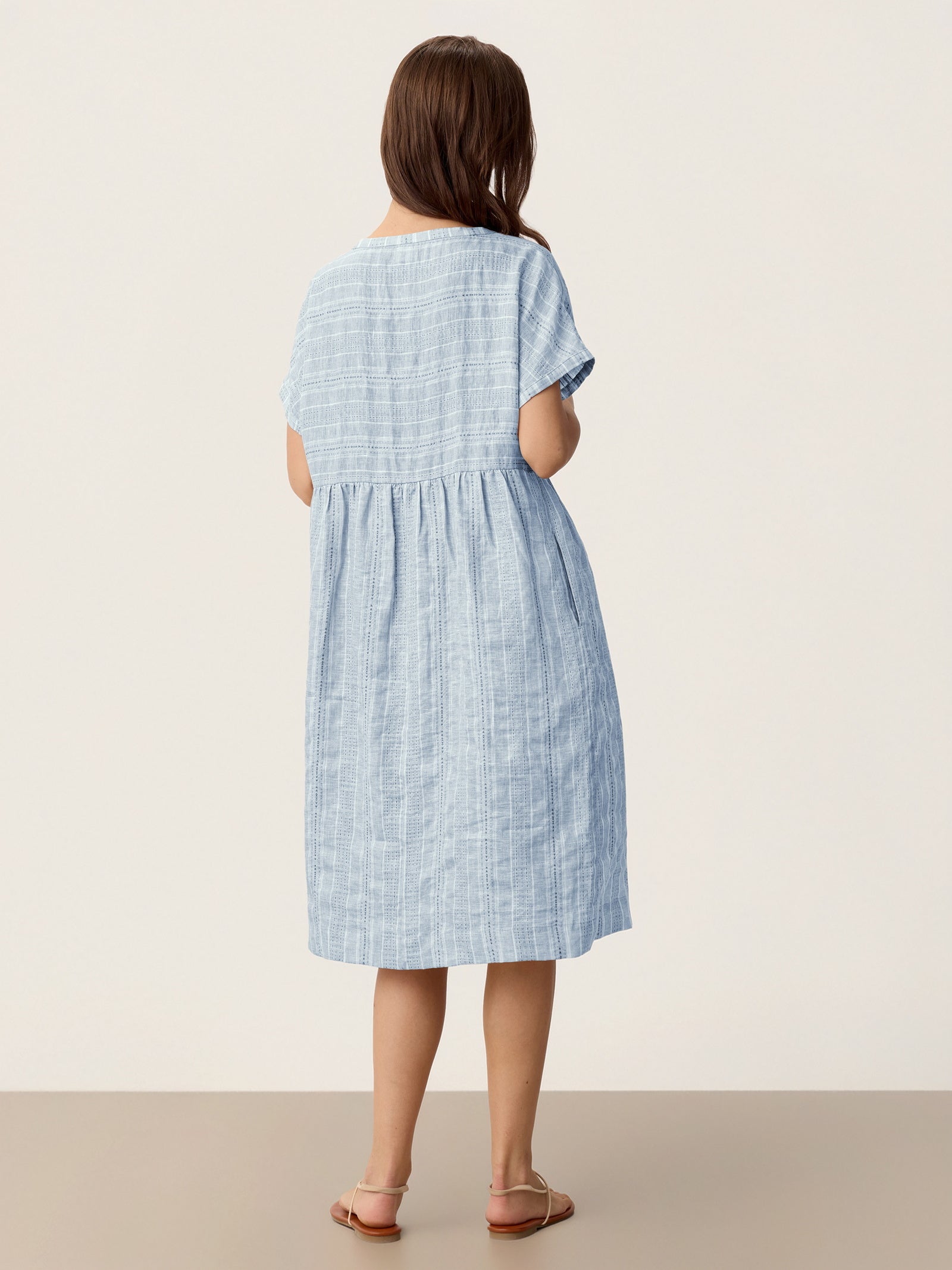 Linen Gathered-Hem Split-Neck Mini Dress SYDNEY by LINTICO