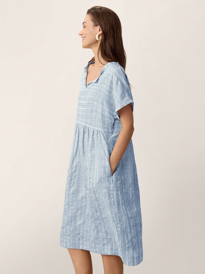 Linen Gathered-Hem Split-Neck Mini Dress SYDNEY by LINTICO