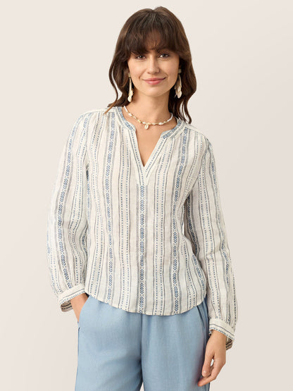 Linen Tribal Stripe Split Neck Bohemian Blouse KERENZA by LINTICO