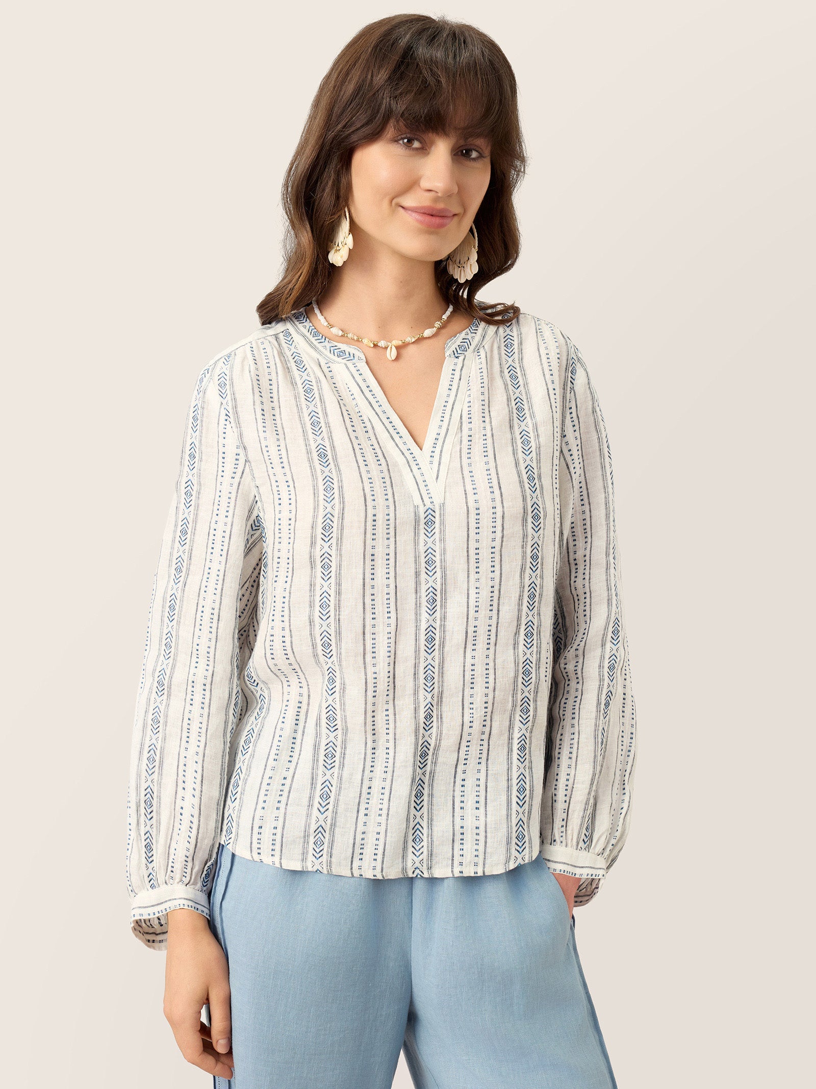 Linen Tribal Stripe Split Neck Bohemian Blouse KERENZA by LINTICO