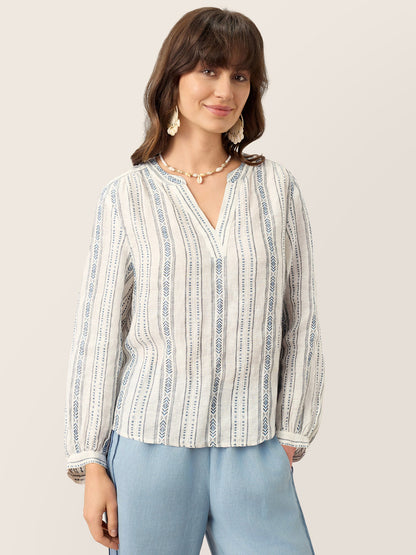 Linen Tribal Stripe Split Neck Bohemian Blouse KERENZA by LINTICO