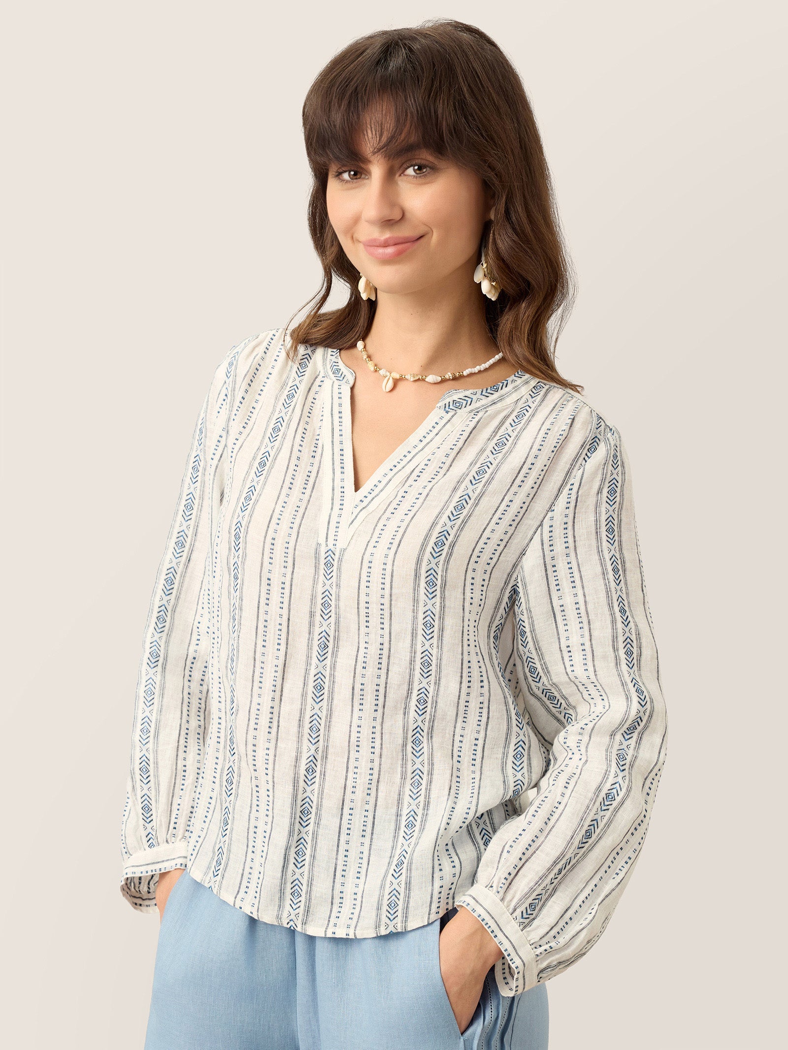 Linen Tribal Stripe Split Neck Bohemian Blouse KERENZA by LINTICO