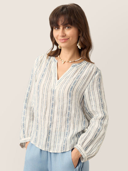 Linen Tribal Stripe Split Neck Bohemian Blouse KERENZA by LINTICO