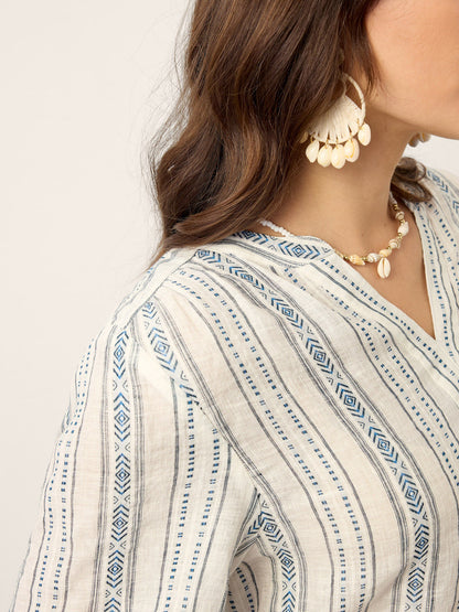 Linen Tribal Stripe Split Neck Bohemian Blouse KERENZA by LINTICO
