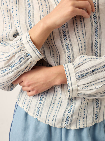 Linen Tribal Stripe Split Neck Bohemian Blouse KERENZA by LINTICO