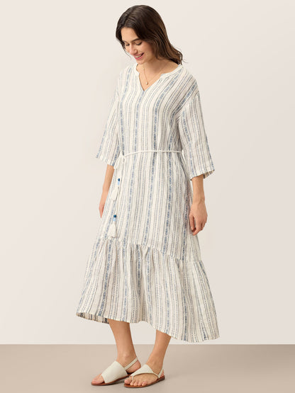 Linen Tribal Stripe Split Neck Bohemian Ruffle Midi Dress with Woven Belt and Slip MARLOWE by LINTICO