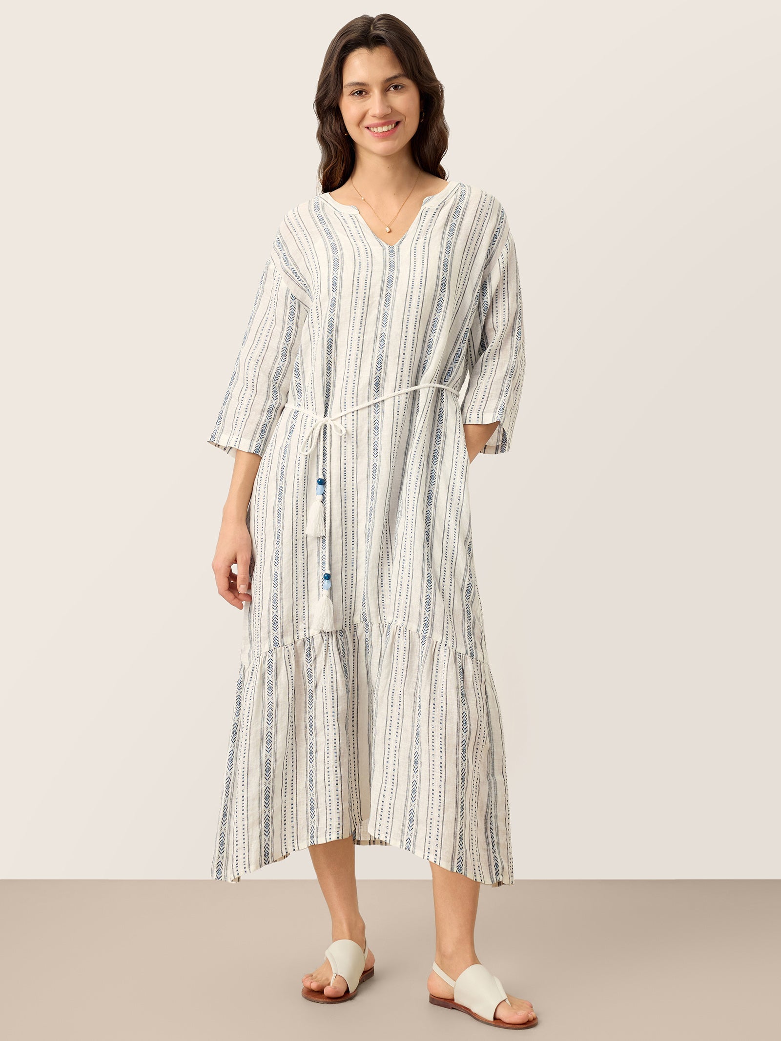 Linen Tribal Stripe Split Neck Bohemian Ruffle Midi Dress with Woven Belt and Slip MARLOWE by LINTICO
