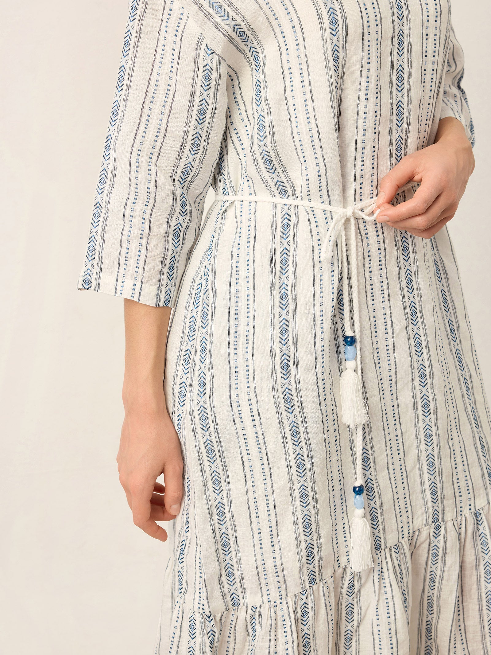 Linen Tribal Stripe Split Neck Bohemian Ruffle Midi Dress with Woven Belt and Slip MARLOWE by LINTICO