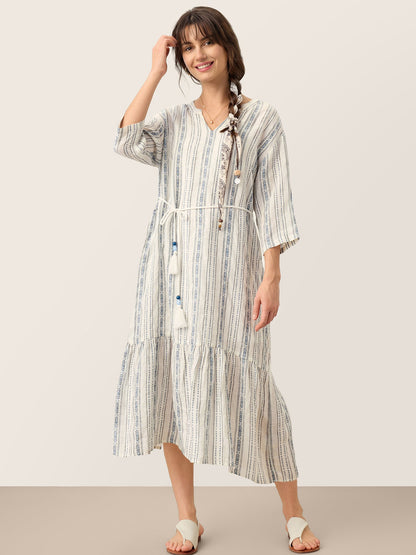 Linen Tribal Stripe Split Neck Bohemian Ruffle Midi Dress with Woven Belt and Slip MARLOWE by LINTICO