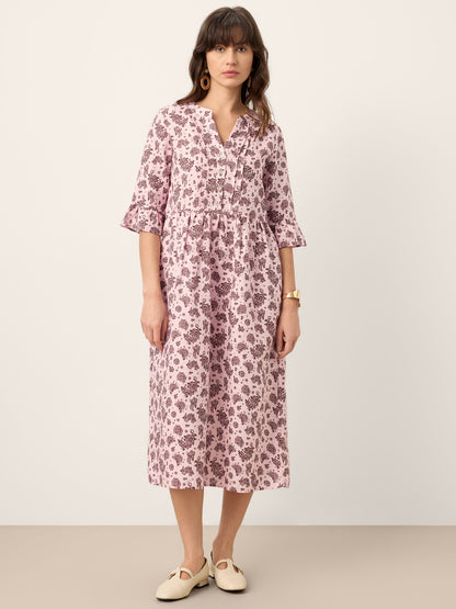 Linen Paisley Pintucked Ruffle-Cuff Midi Dress MAELYN by LINTICO