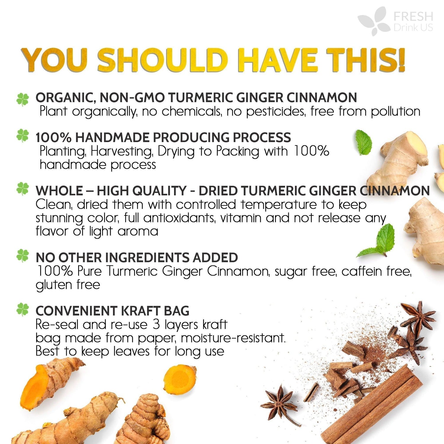 Turmeric Ginger, Cinnamon Tea, Tea Bags, 100% Natural, Hand-made, No Sugar, No Caffeine, No Gluten, Vegan by FreshDrinkUS - Natural and Premium Herbal Tea