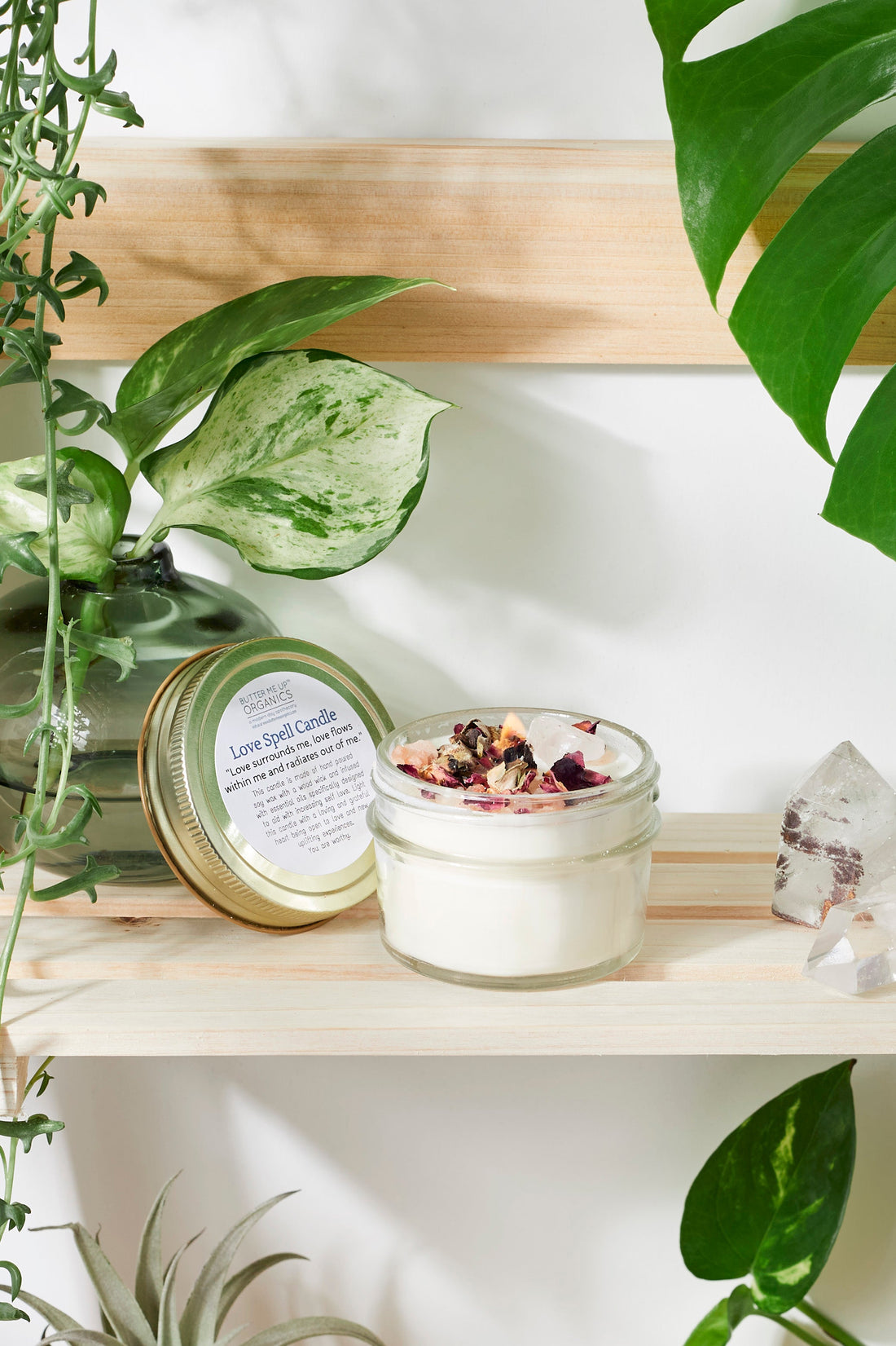 Love Spell / Intention Candle/ Ritual Candle / Love and Light / Rose Quartz / Crystal Candle by Butter Me Up Organics