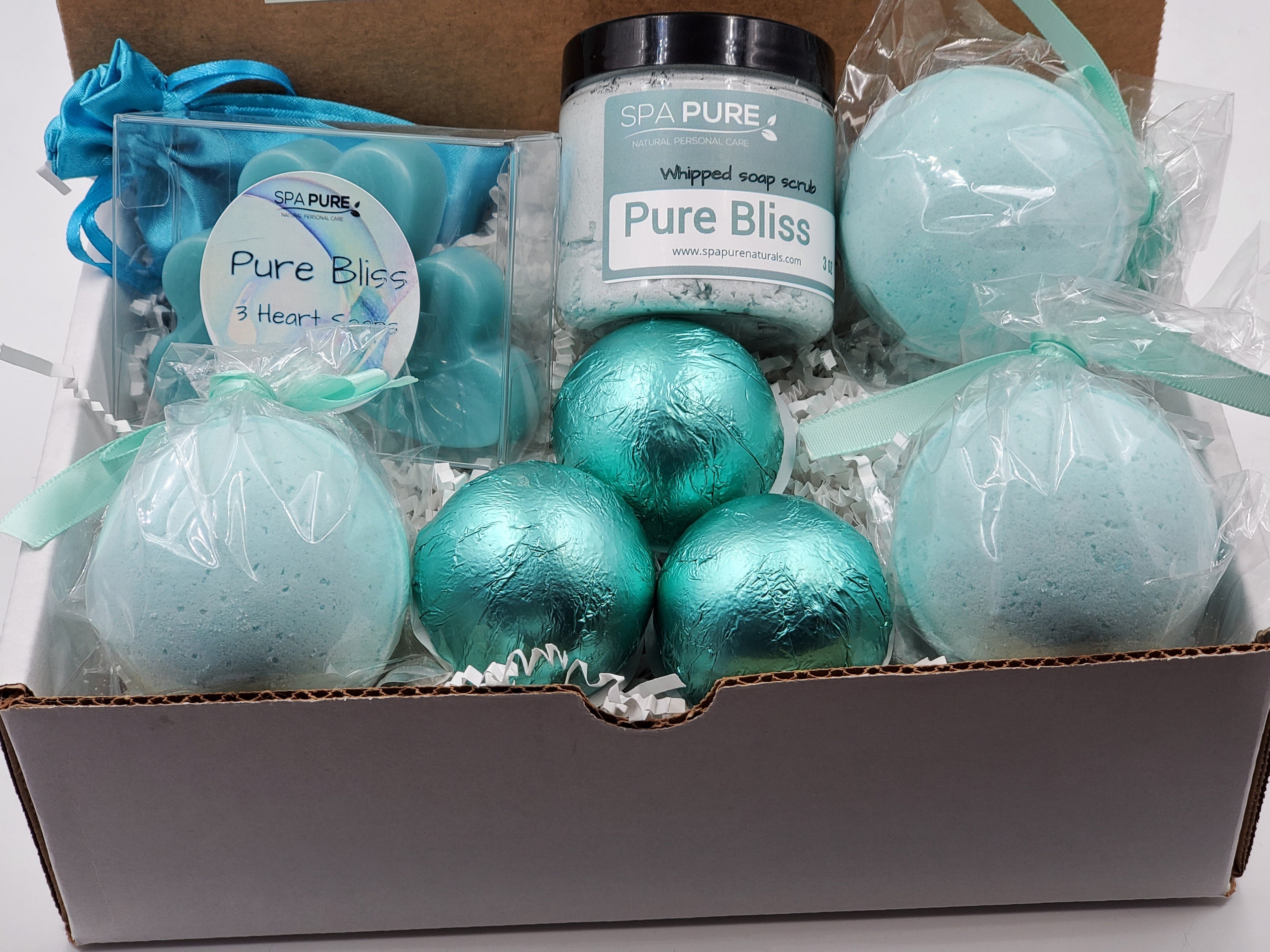 Spa Pure Luxury Spa Kit - Pure Bliss - 3 XL Pure Bliss Bath Fizzies, 3 Pure Bliss shower steamers, 3 Heart-shaped soaps, one 3.5 oz Pure Bliss whipped soap scrub, 1 Roll-on Perfume, Perfect for a mini-spa treatment. by Spa Pure