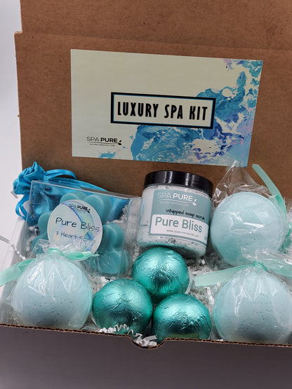 Spa Pure Luxury Spa Kit - Pure Bliss - 3 XL Pure Bliss Bath Fizzies, 3 Pure Bliss shower steamers, 3 Heart-shaped soaps, one 3.5 oz Pure Bliss whipped soap scrub, 1 Roll-on Perfume, Perfect for a mini-spa treatment. by Spa Pure