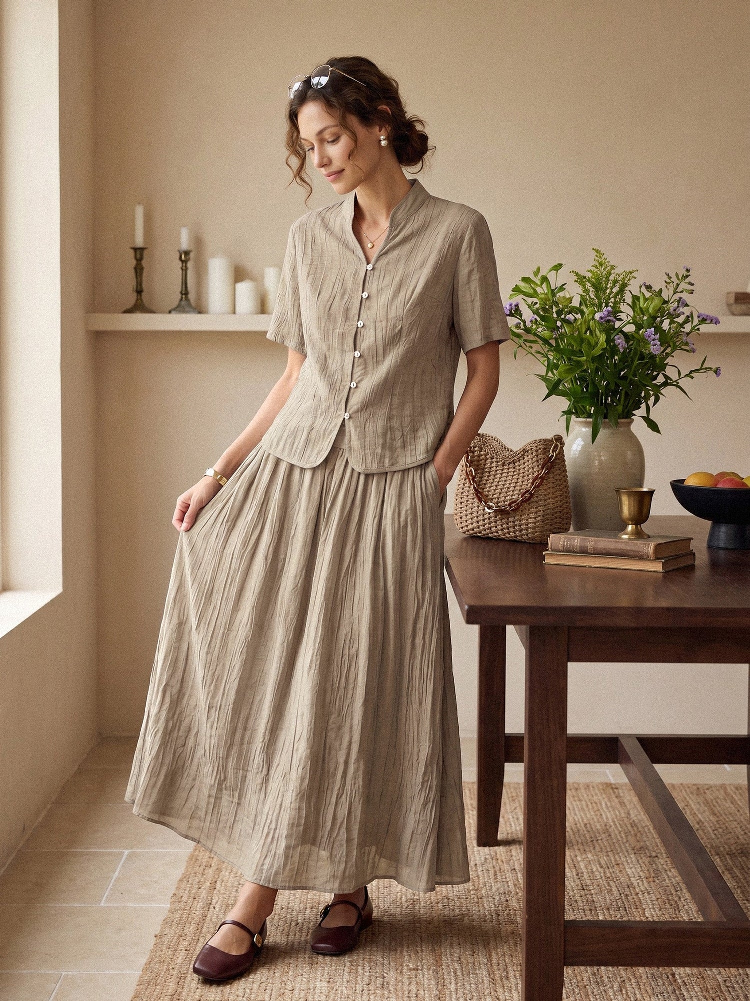 Lyocell Textured Pleated Waist Skirt ROSAMUND by LINTICO