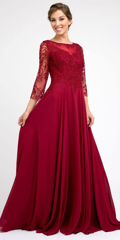 Juliet M11 Appliqued Long A-Line Dress Chiffon Quarter Sleeves by DiscountDressShop