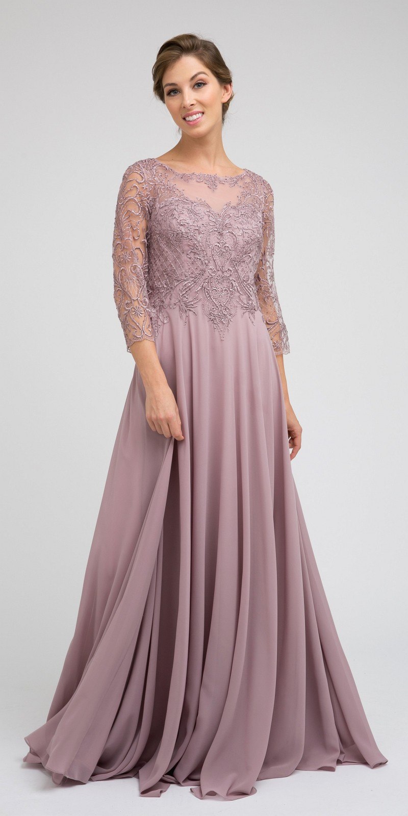 Juliet M11 Appliqued Long A-Line Dress Chiffon Quarter Sleeves by DiscountDressShop