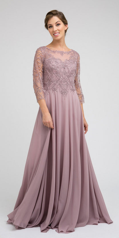 Juliet M11 Appliqued Long A-Line Dress Chiffon Quarter Sleeves by DiscountDressShop