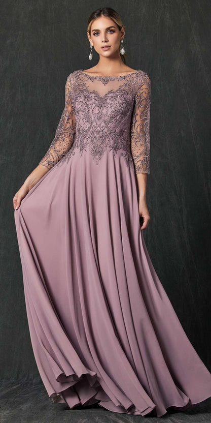 Juliet M11 Appliqued Long A-Line Dress Chiffon Quarter Sleeves by DiscountDressShop