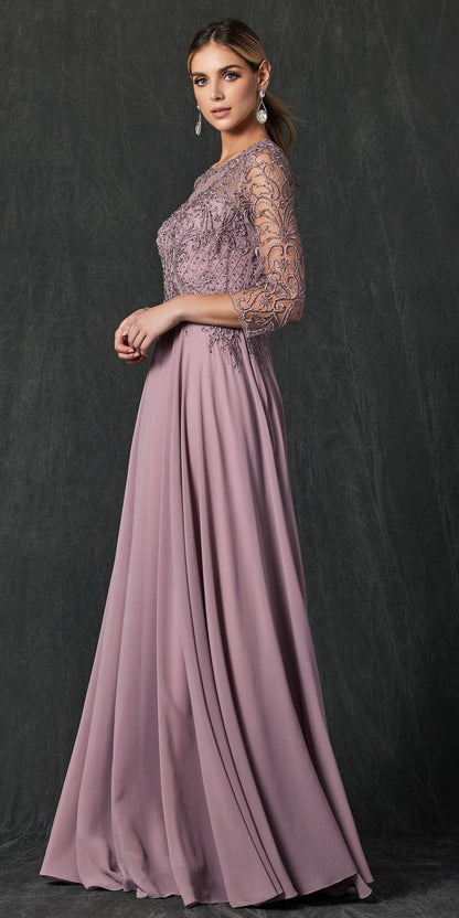 Juliet M11 Appliqued Long A-Line Dress Chiffon Quarter Sleeves by DiscountDressShop