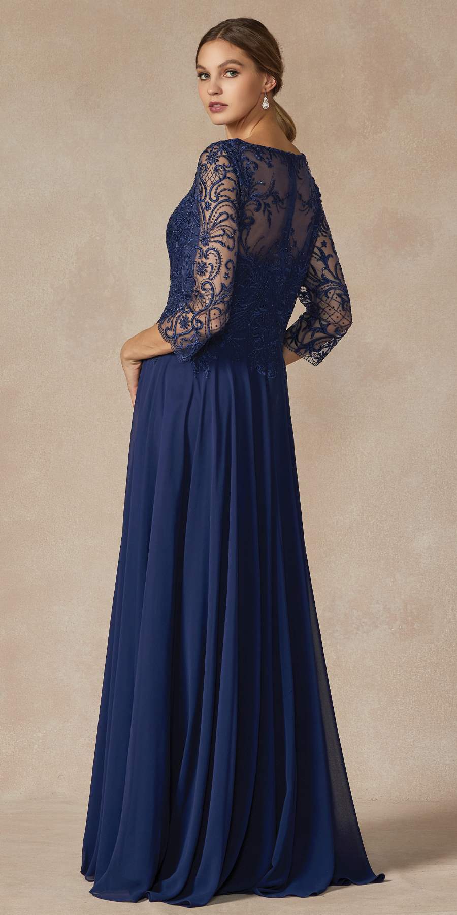 Juliet M11 Appliqued Long A-Line Dress Chiffon Quarter Sleeves by DiscountDressShop