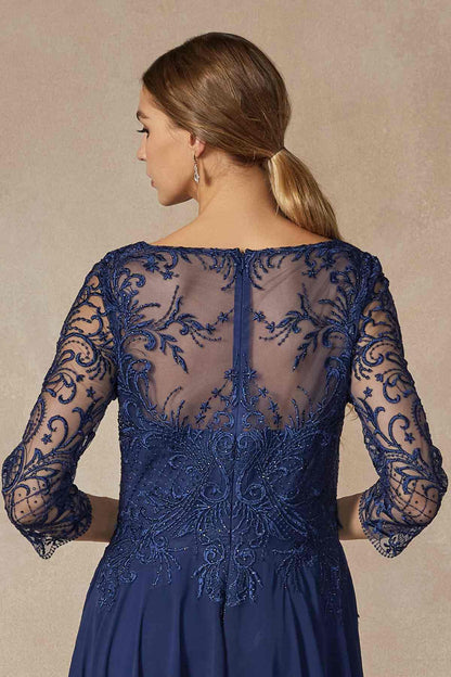 Juliet M11 Appliqued Long A-Line Dress Chiffon Quarter Sleeves by DiscountDressShop