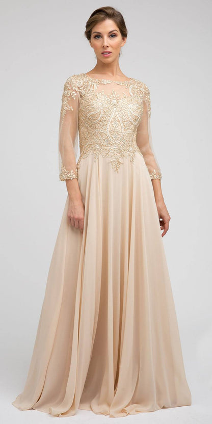 Juliet M12 Quarter Sleeved Embroidered Long A-Line Chiffon Dress by DiscountDressShop