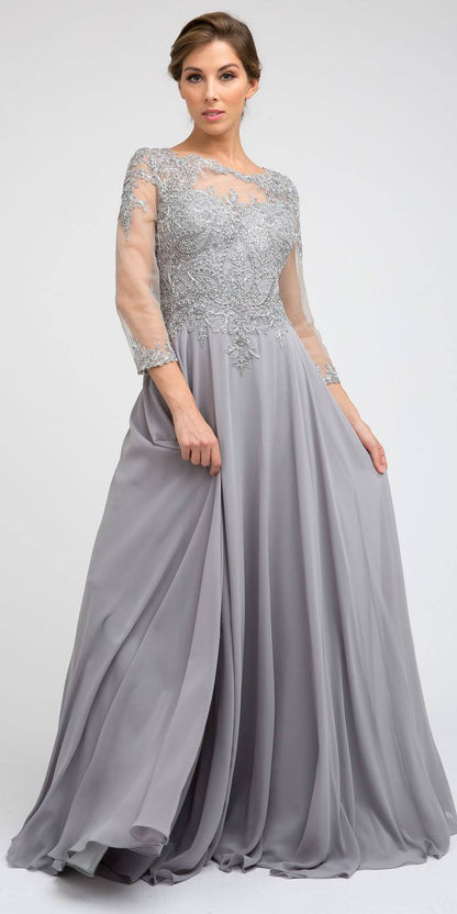 Juliet M12 Quarter Sleeved Embroidered Long A-Line Chiffon Dress by DiscountDressShop