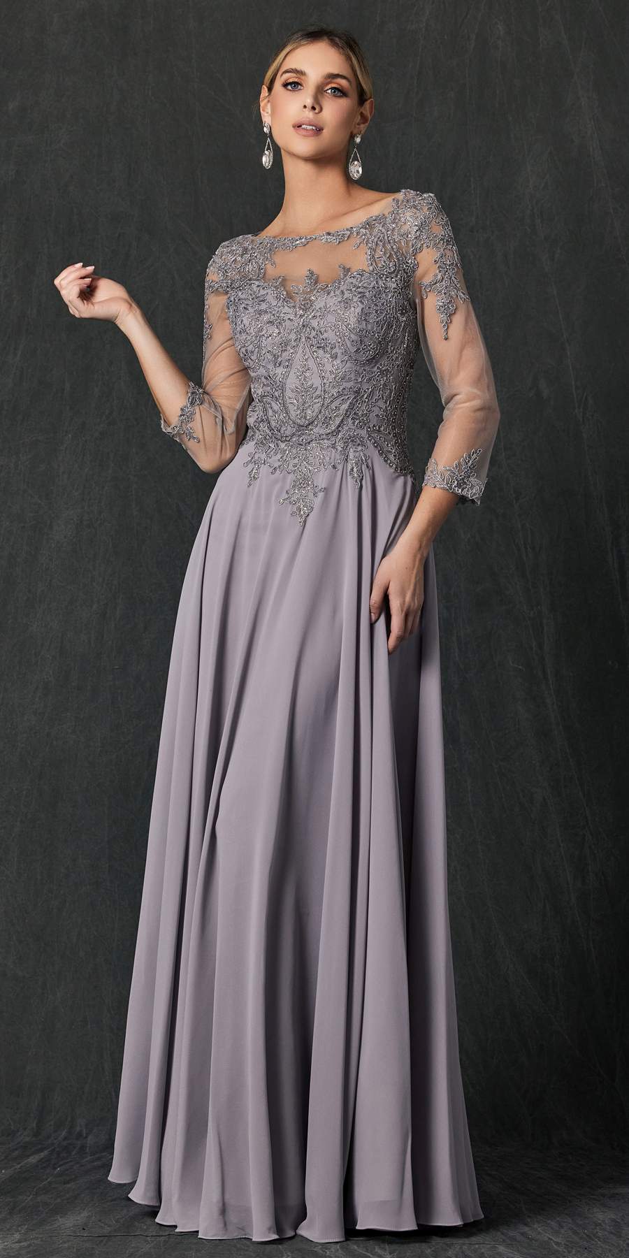 Juliet M12 Quarter Sleeved Embroidered Long A-Line Chiffon Dress by DiscountDressShop