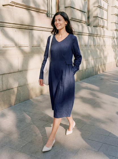 100% Linen Gathered Waist Flap Detail Midi Dress DIANA by LINTICO