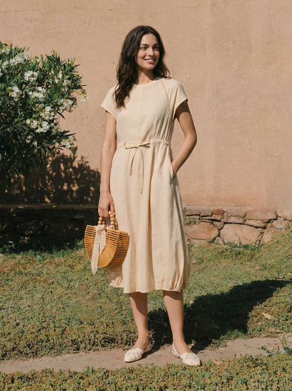 100% Linen Lace-Inset Bubble-Hem Midi Dress LORITA by LINTICO