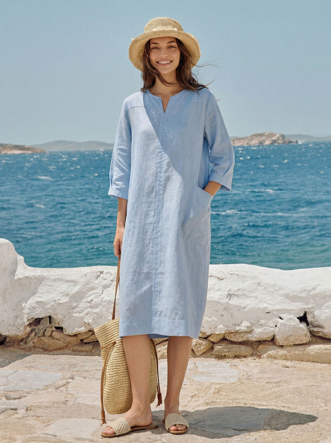 100% Linen Split-Neck Patch-Pocket Mini Dress KALINA by LINTICO
