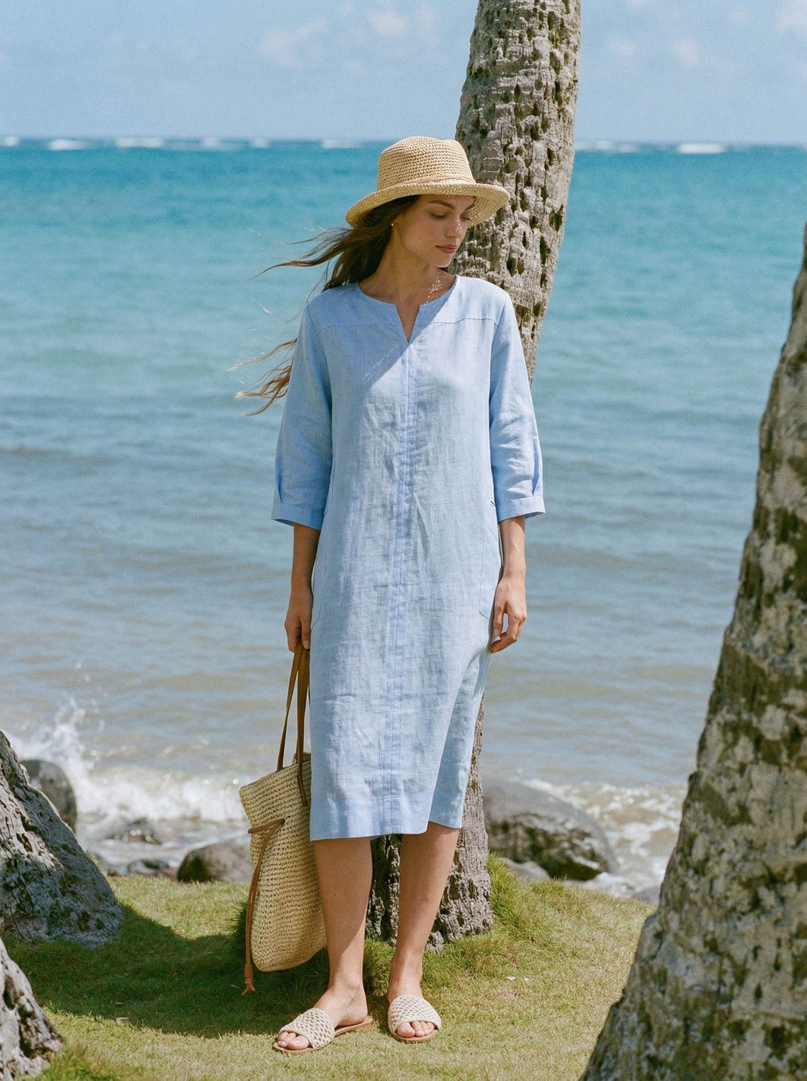 100% Linen Split-Neck Patch-Pocket Mini Dress KALINA by LINTICO