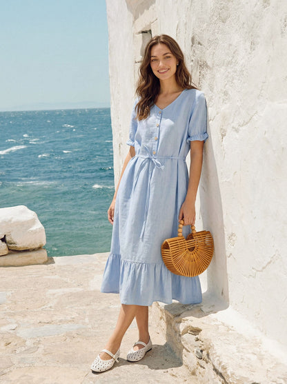 100% Linen Ruffle-Trim Belted Midi Dress LIVARA by LINTICO