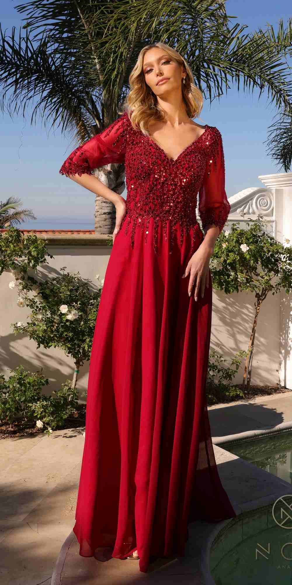 Nox Anabel MF100 Long Sequin Bodice 3/4 Sleeve A-line Gown by DiscountDressShop
