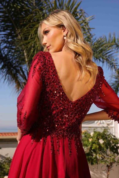 Nox Anabel MF100 Long Sequin Bodice 3/4 Sleeve A-line Gown by DiscountDressShop