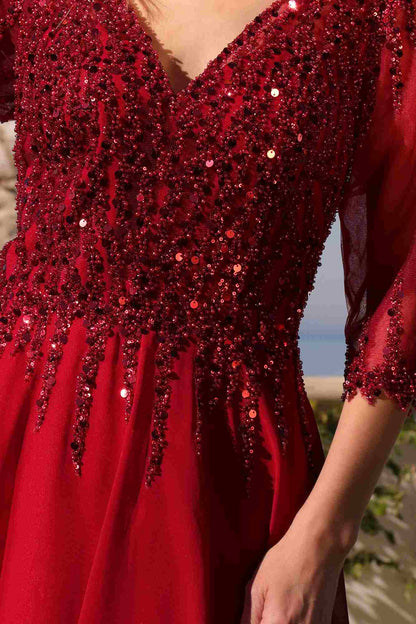 Nox Anabel MF100 Long Sequin Bodice 3/4 Sleeve A-line Gown by DiscountDressShop