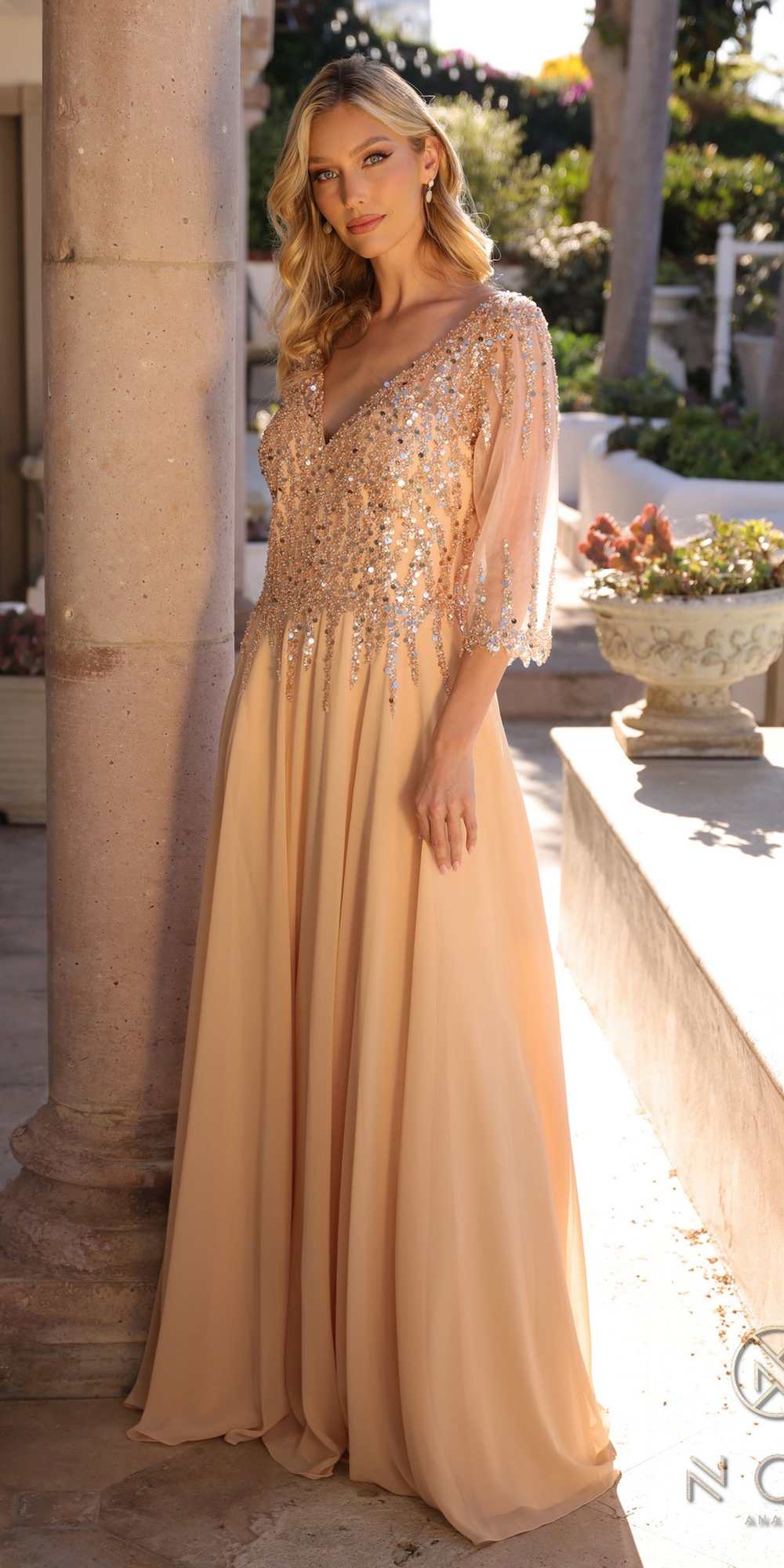 Nox Anabel MF100 Long Sequin Bodice 3/4 Sleeve A-line Gown by DiscountDressShop
