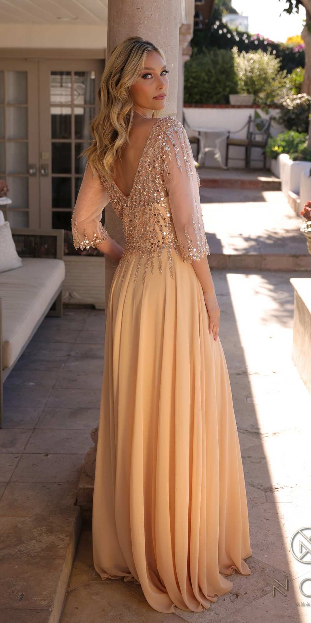 Nox Anabel MF100 Long Sequin Bodice 3/4 Sleeve A-line Gown by DiscountDressShop
