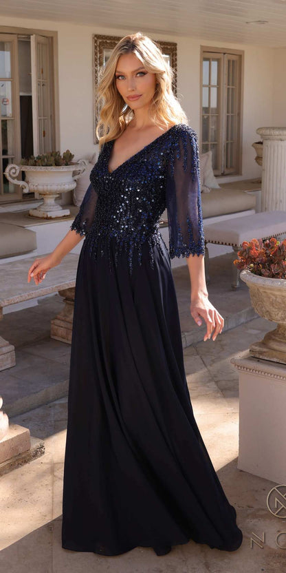 Nox Anabel MF100 Long Sequin Bodice 3/4 Sleeve A-line Gown by DiscountDressShop
